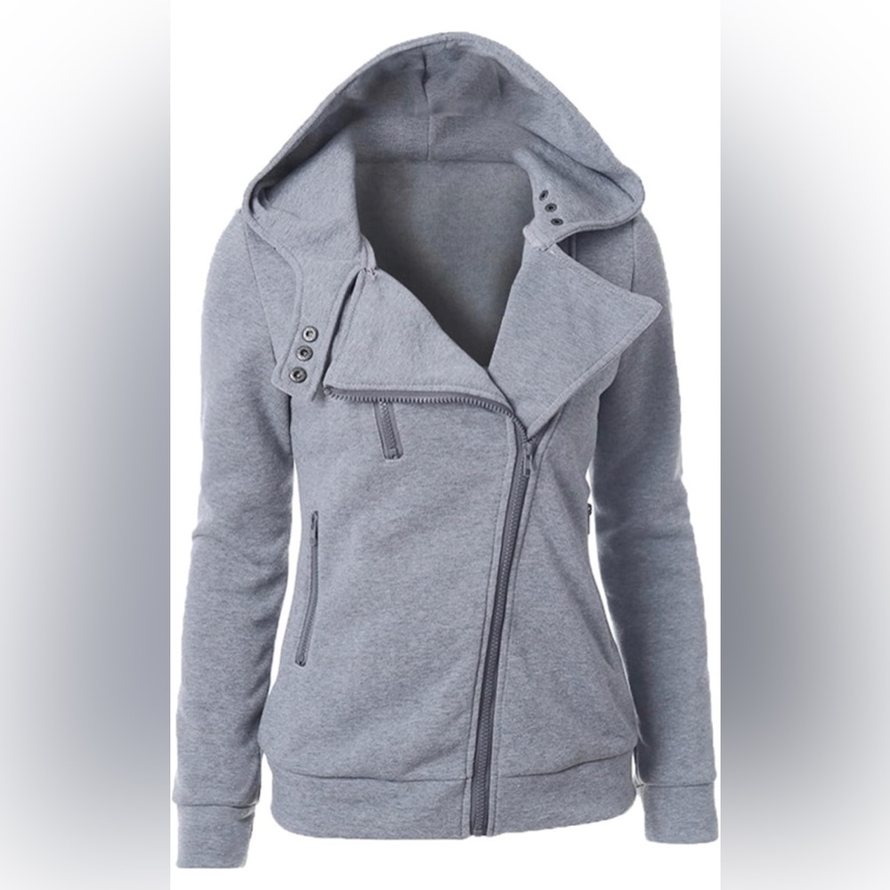 NEW grey fleece asymmetrical zip moto hoodie jacket M